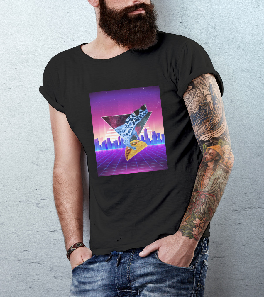 Aesthetic Synthwave Leopard Gecko Taco In Retro Urban Skyline T-Shirt