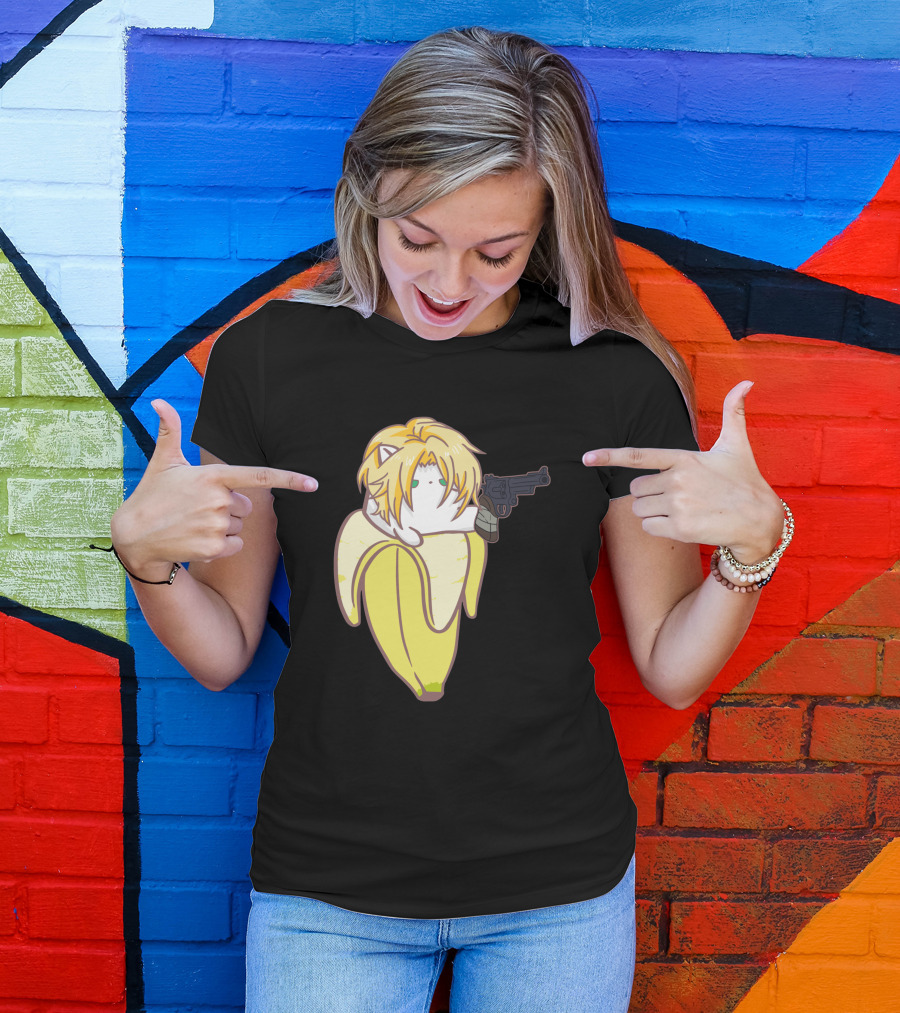 Bananya Fish 990217 Cat In Banana Costume With Toy Gun Anime T-Shirt