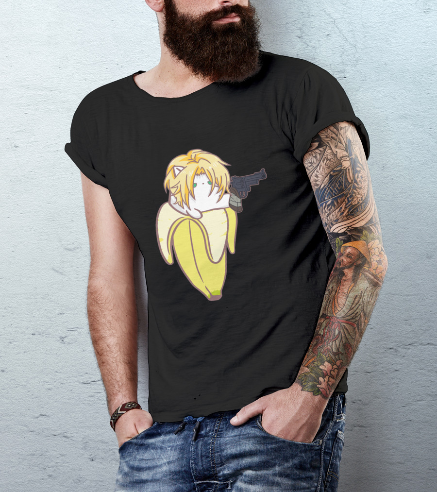 Bananya Fish 990217 Cat In Banana Costume With Toy Gun Anime T-Shirt