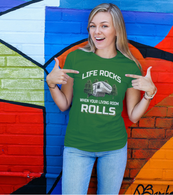 LIFE ROCKS WHEN YOUR LIVING ROOM ROLLS Cougar Camper RV Adventure T-Shirt