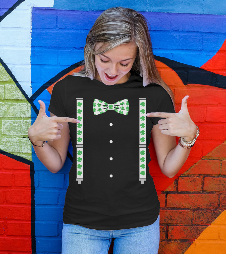 St. Patrick's Day Shamrocks Bow Tie Suspenders Black Tuxedo T-Shirt