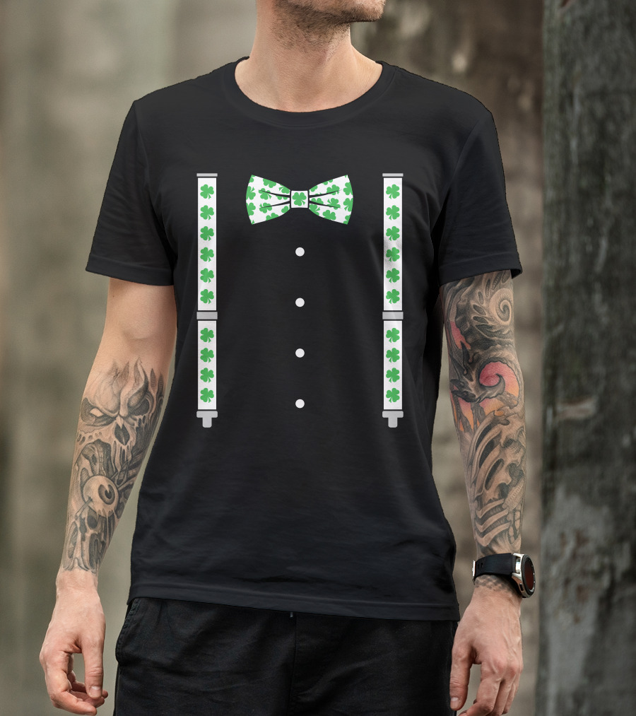 St. Patrick's Day Shamrocks Bow Tie Suspenders Black Tuxedo T-Shirt