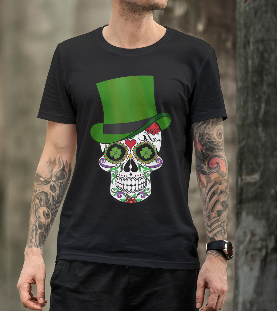 Sugar Skull St. Patrick's Day Saint Patty's Day Clover Top Hat T-Shirt