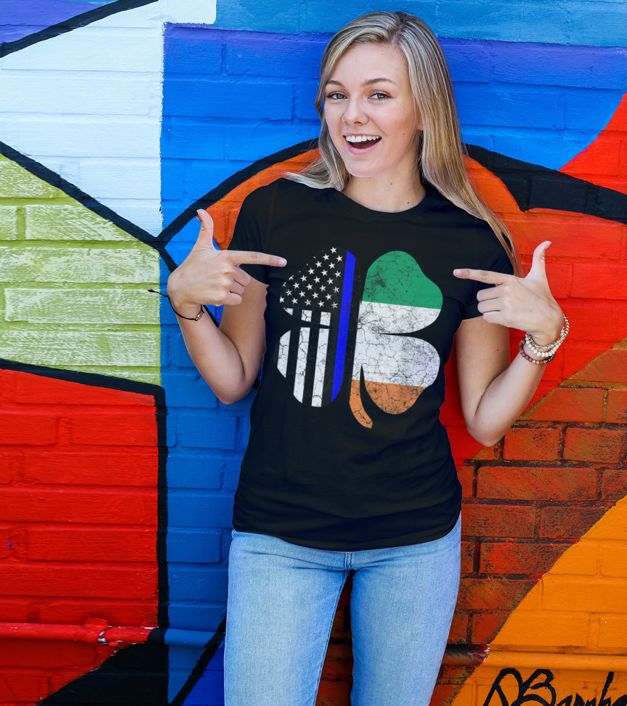 Thin Blue Line Shamrock Irish American Flag T-Shirt