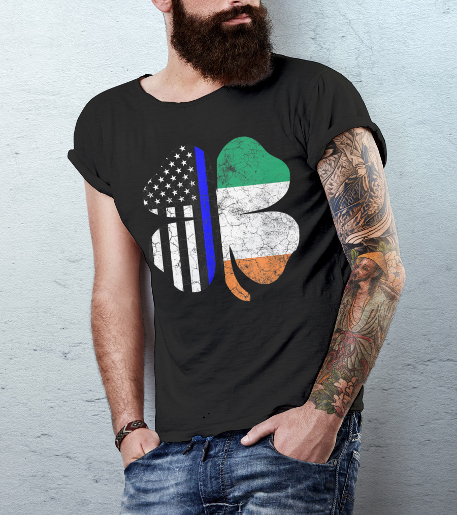 Thin Blue Line Shamrock Irish American Flag T-Shirt