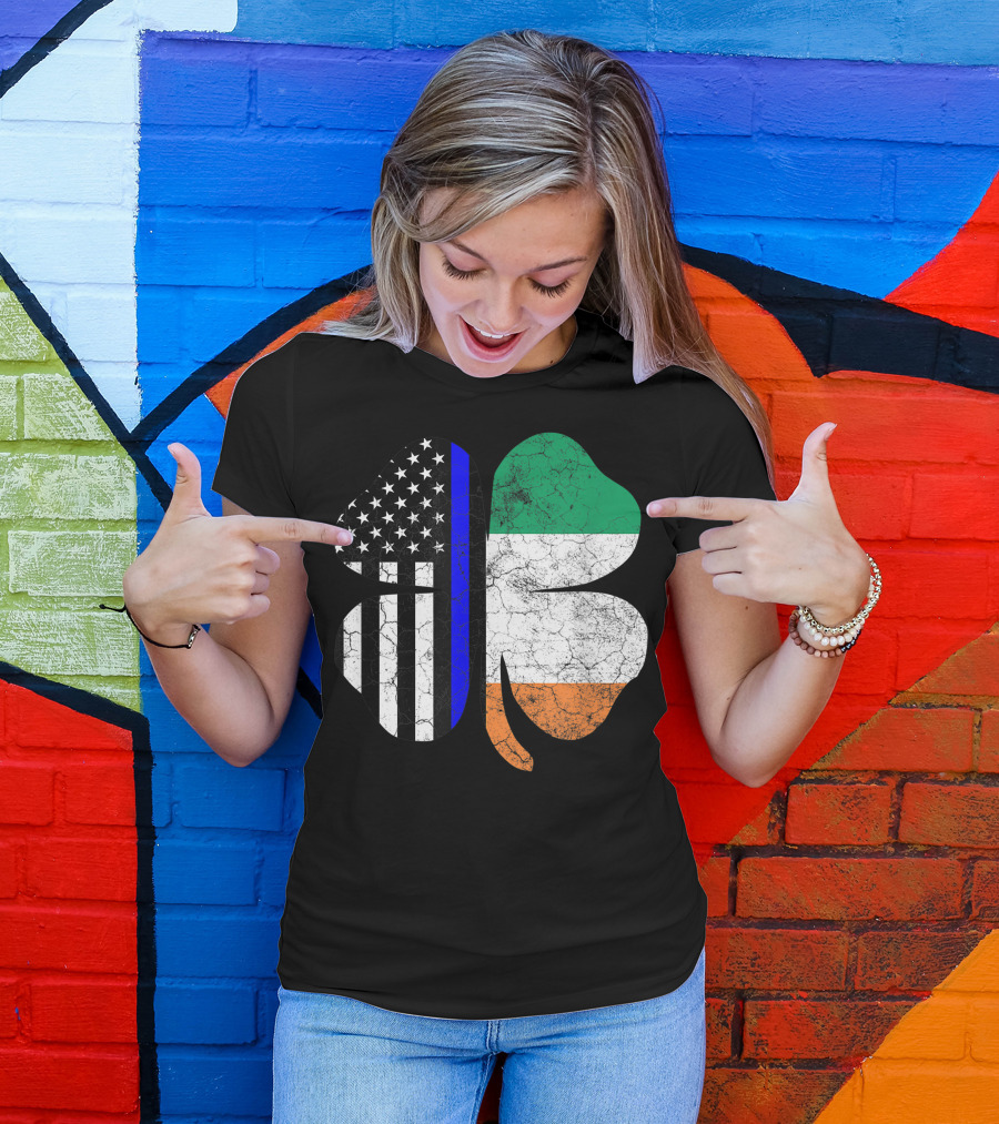 St Patricks Day Thin Blue Line American Irish Clover Flag Police T-Shirt