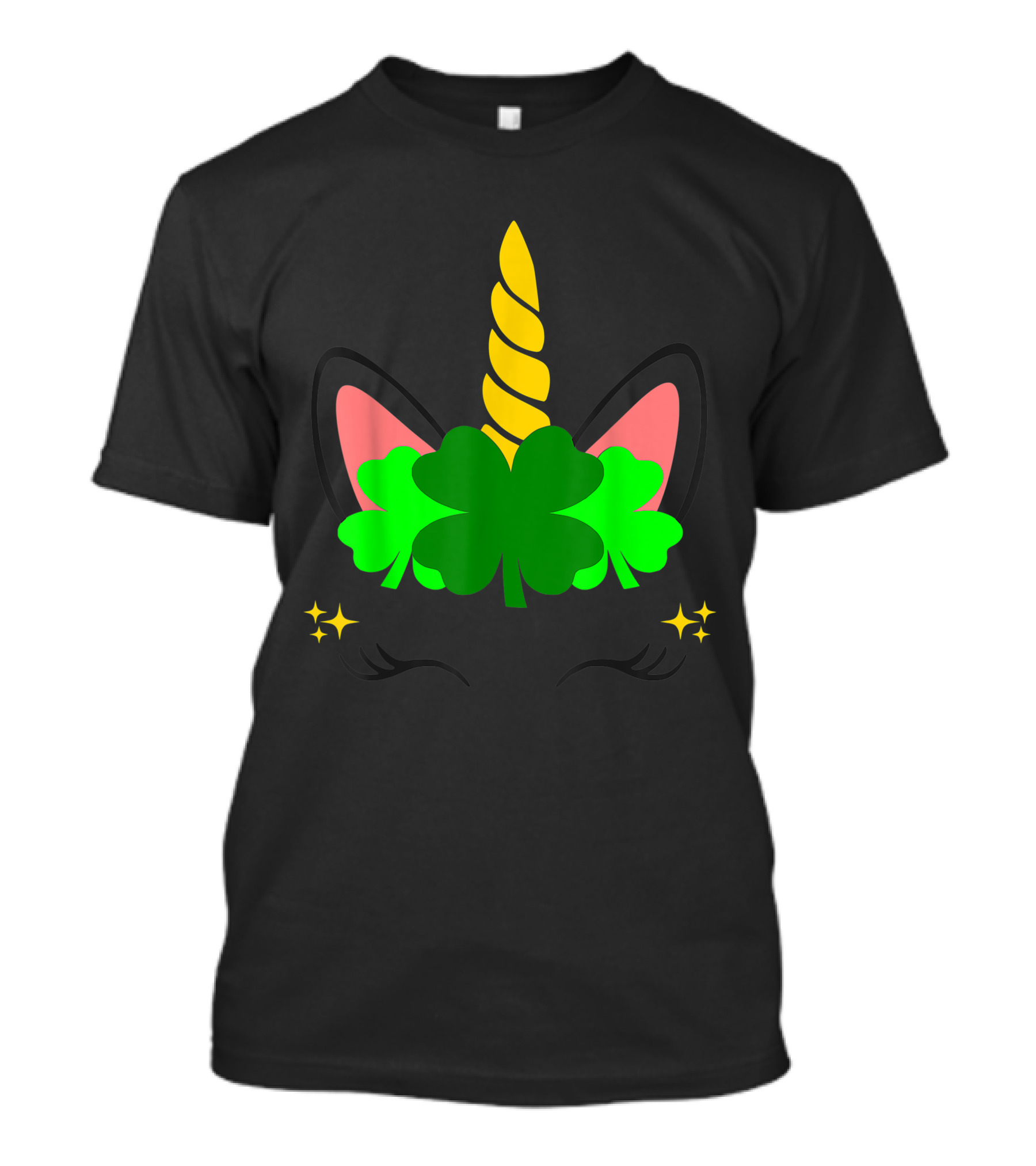 St. Patrick's Day Unicorn Face With Shamrock And Horn On Black背景 T-Shirt