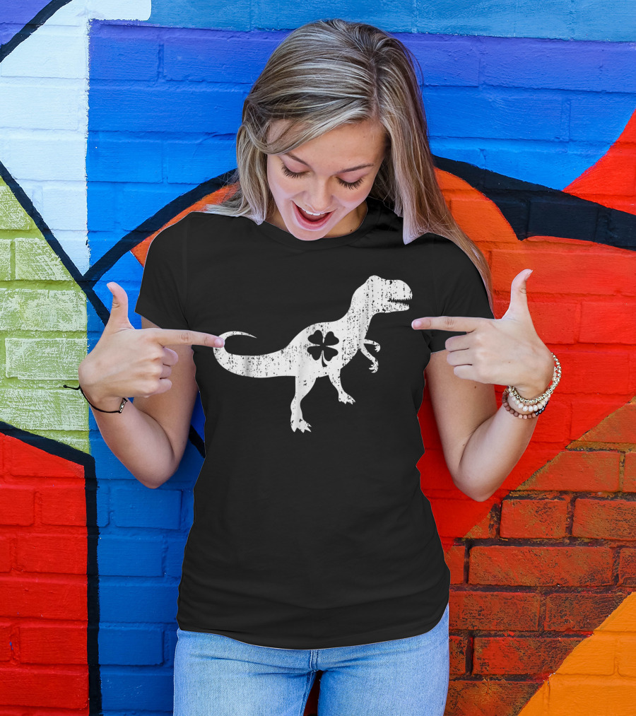 Cute Dinosaur With Distressed Clover T-Shirt