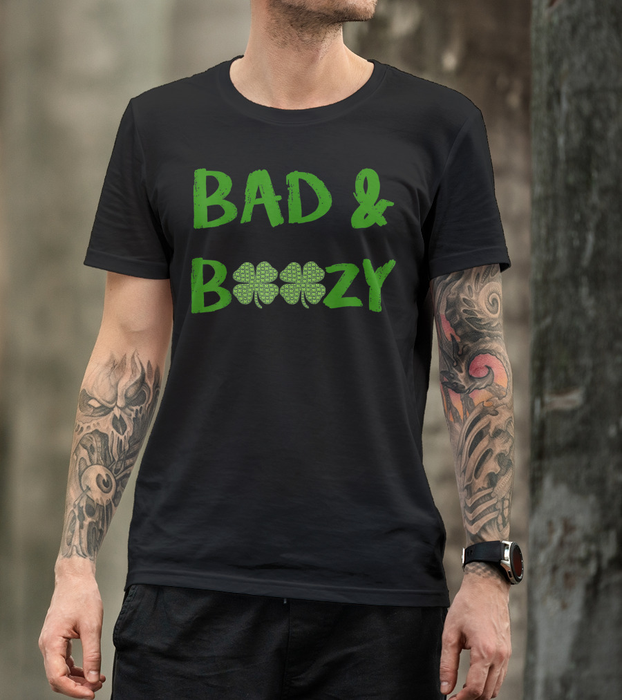 BAD And BOOZY Shamrock Pattern Green Text T-Shirt