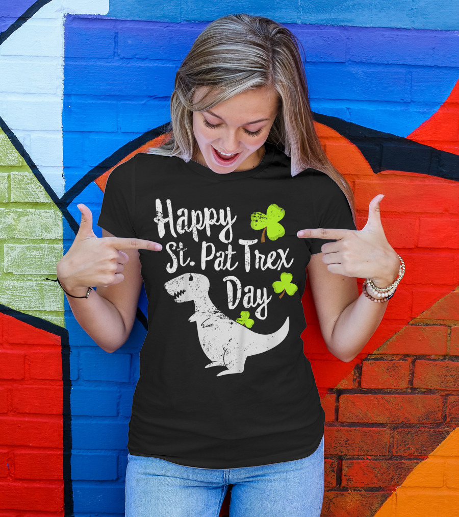 Happy St. Pat Trex Day Cute St. Patrick's Pun With T-Rex And Shamrocks T-Shirt