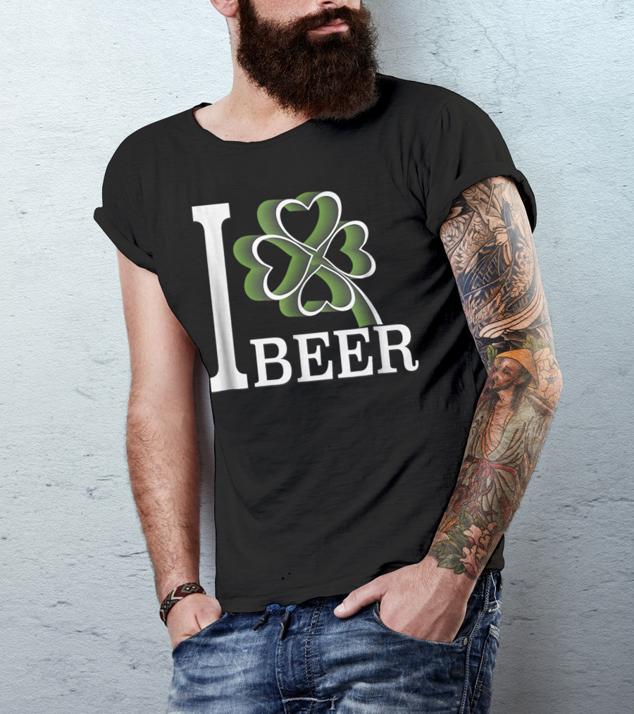 I Love Beer Clover Heart Shamrock Green T-Shirt