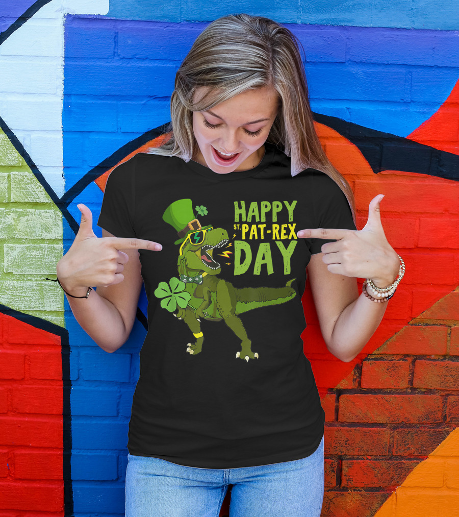Happy St Pat-Rex Day Dinosaur With Shamrock And Leprechaun Hat T-Shirt