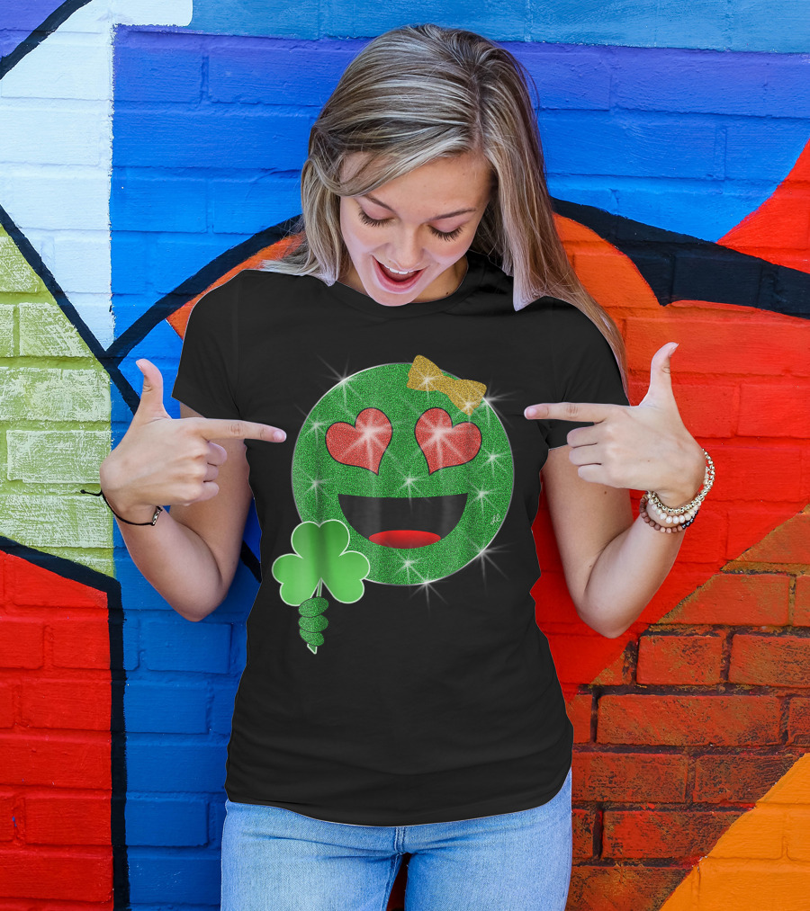 Sparkly Green Heart Eyes Emoji With Clover And Gold Bow For St. Patrick's Day T-Shirt