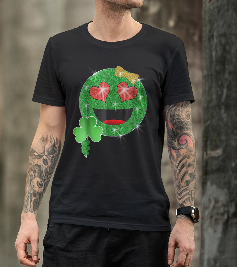 Sparkly Green Heart Eyes Emoji With Clover And Gold Bow For St. Patrick's Day T-Shirt