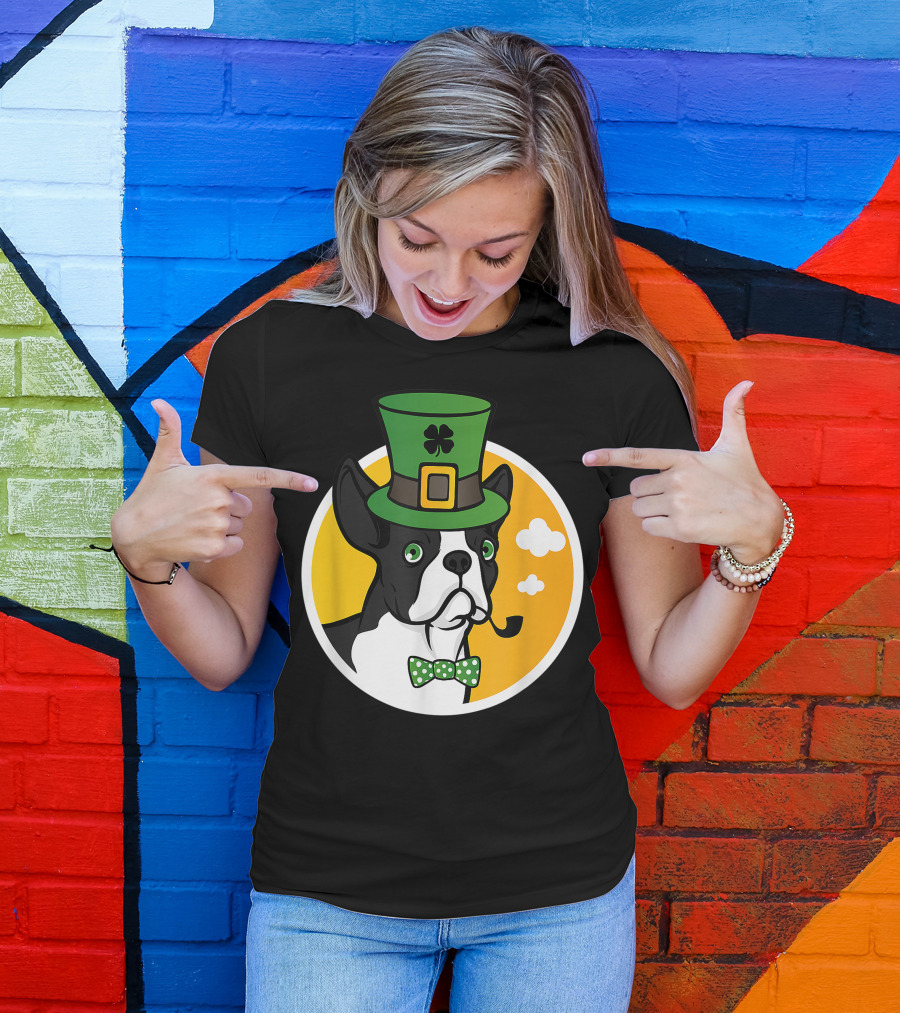 Leprechaun Boston Terrier With St. Patrick's Day Hat And Tie T-Shirt