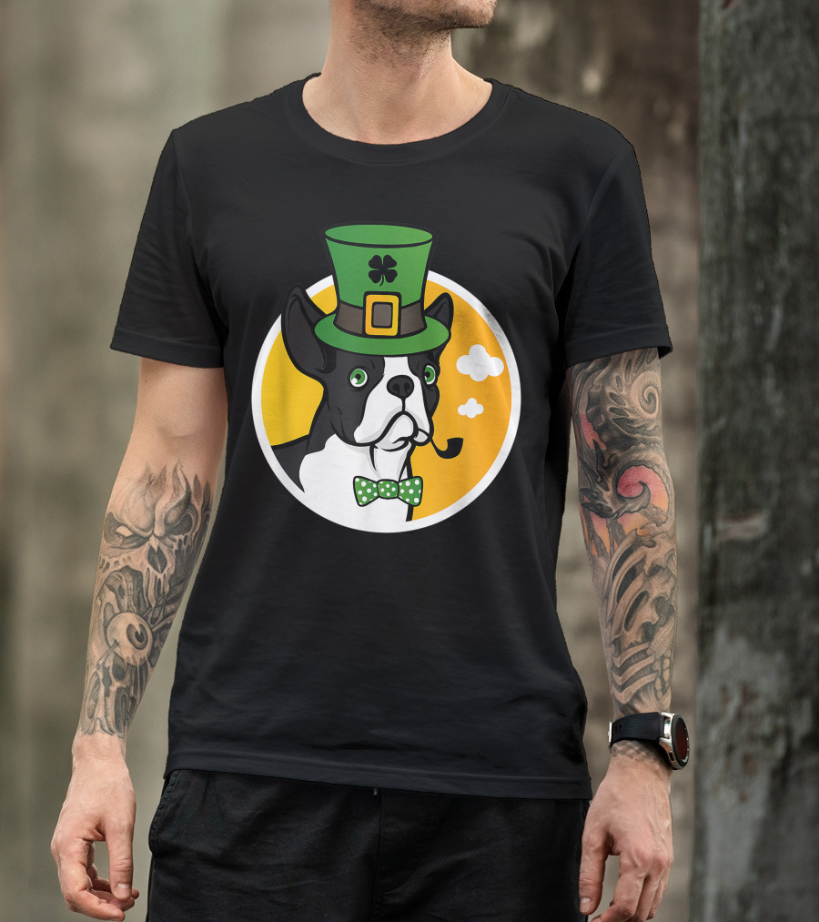 Leprechaun Boston Terrier With St. Patrick's Day Hat And Tie T-Shirt