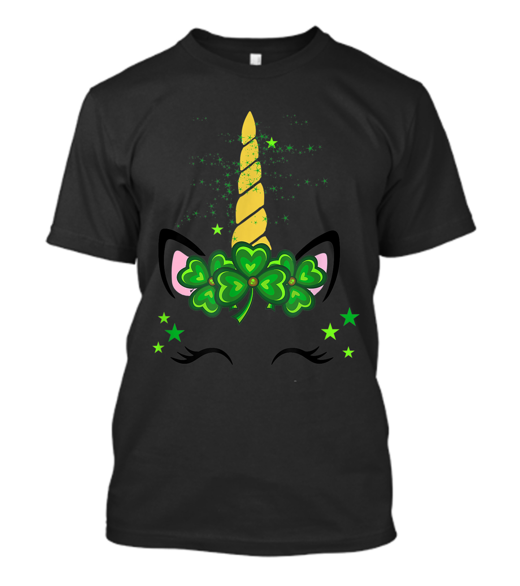 St. Patrick's Day Irish Clover Unicorn Face With Stars And Horn T-Shirt