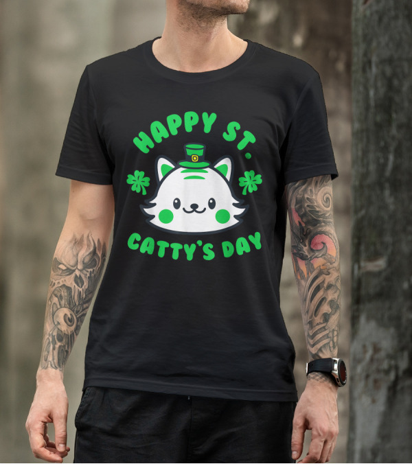 Happy St Catty's Day Cute Cat With Leprechaun Hat And Shamrocks T-Shirt