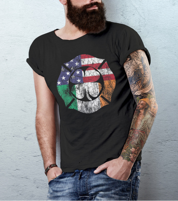 Firefighter St. Patrick's Day Shamrock With Irish And American Flag Colors T-Shirt