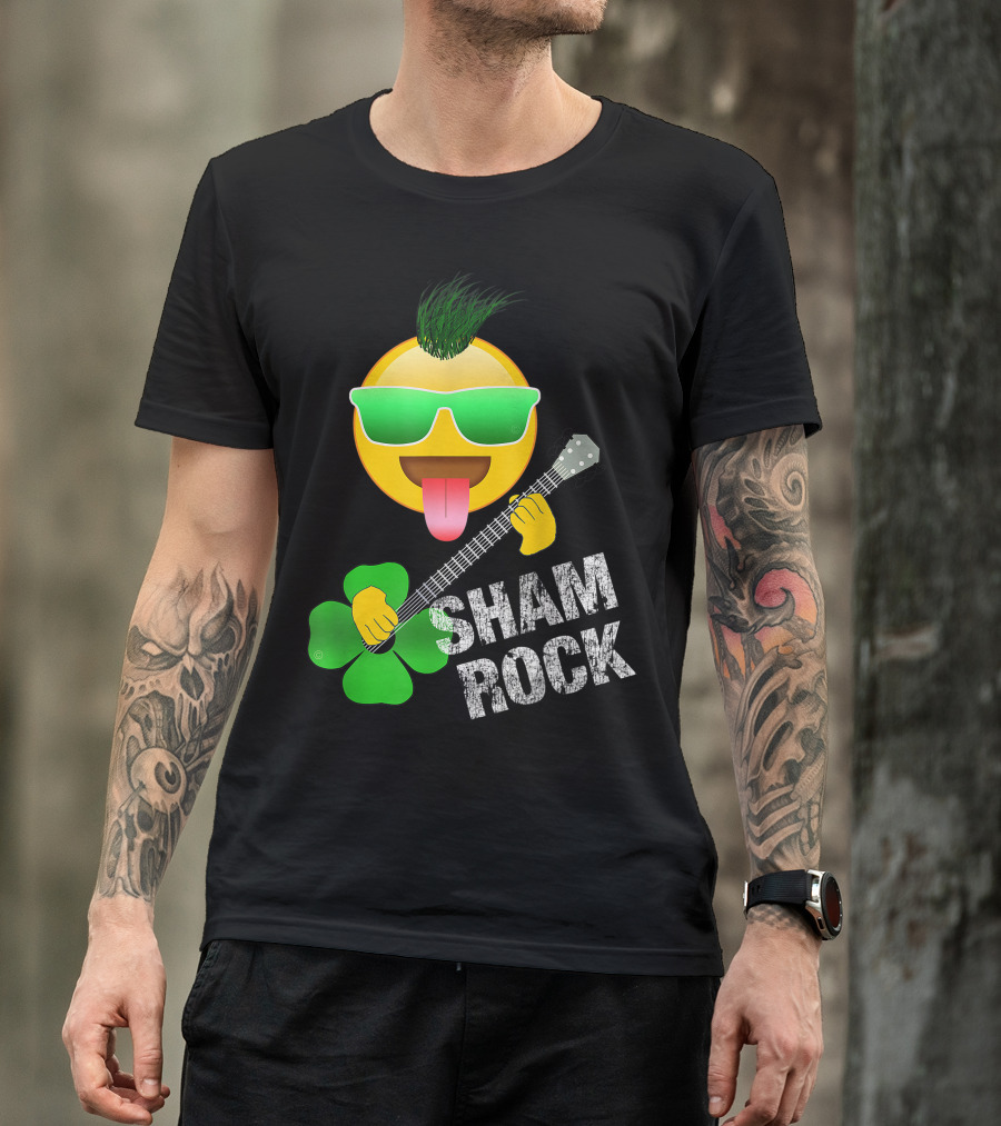 St. Patrick's Day Sham Rock Emoji With Guitar And Shamrock T-Shirt