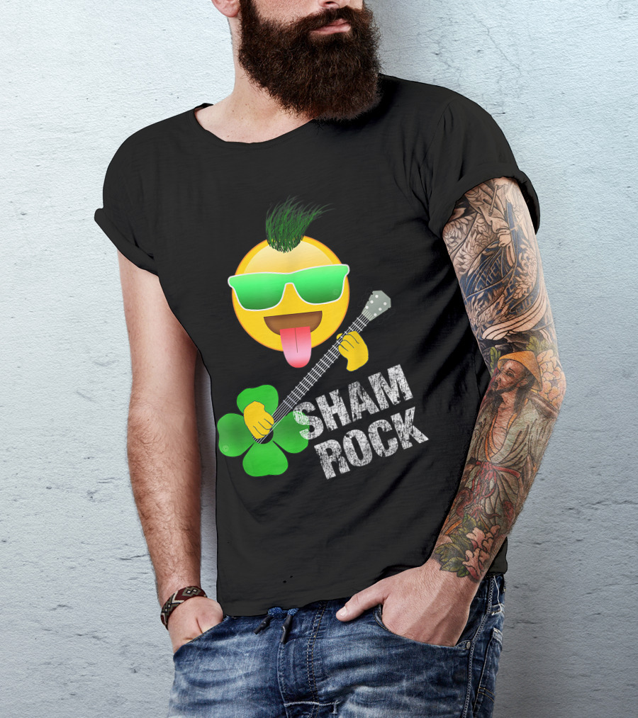 St. Patrick's Day Sham Rock Emoji With Guitar And Shamrock T-Shirt