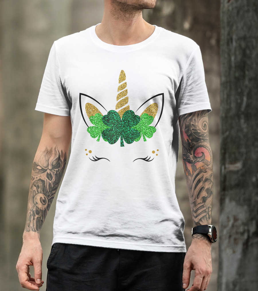 Unicorn Face Glitter Shamrock Clover St. Patrick's Day Girls T-Shirt
