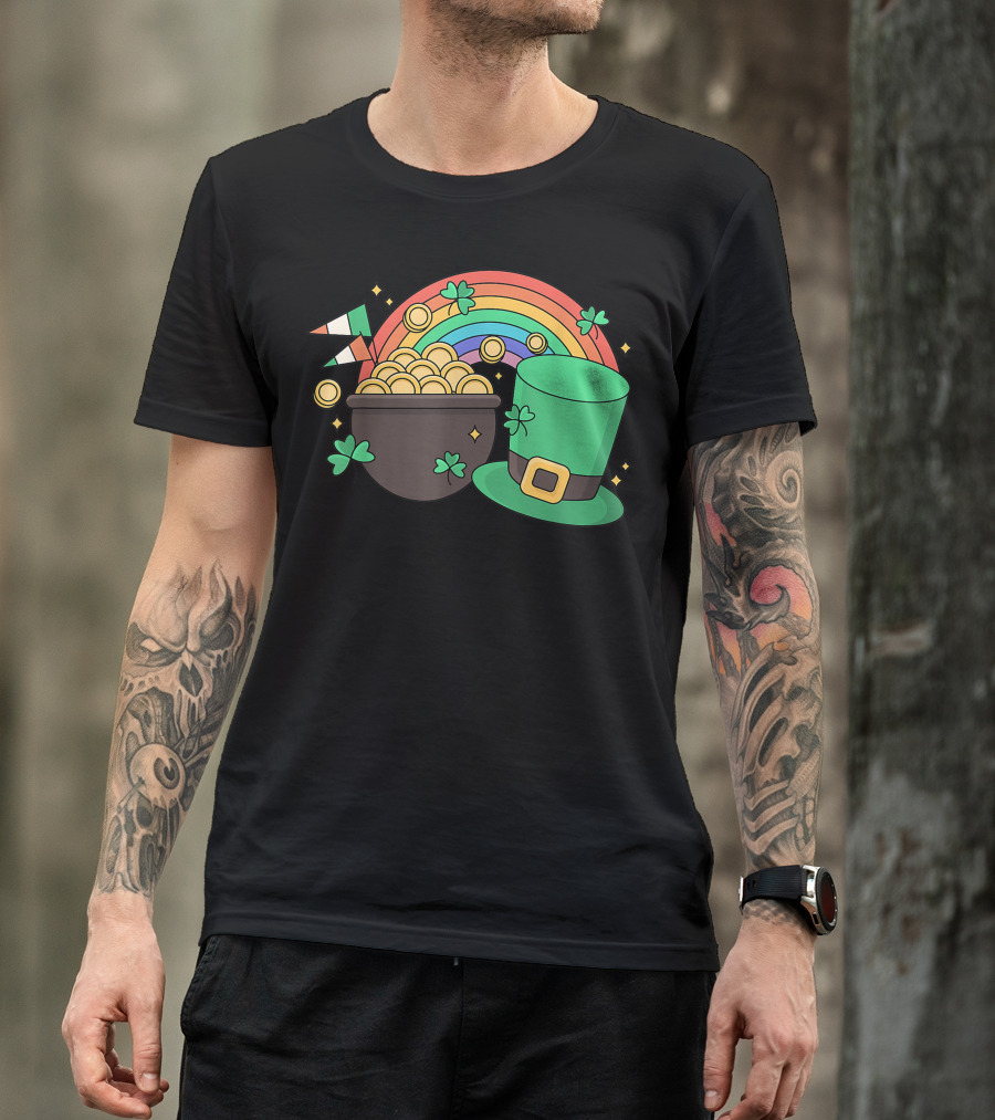 St Patricks Day Leprechaun Pot Of Gold With Rainbow And Green Hat T-Shirt
