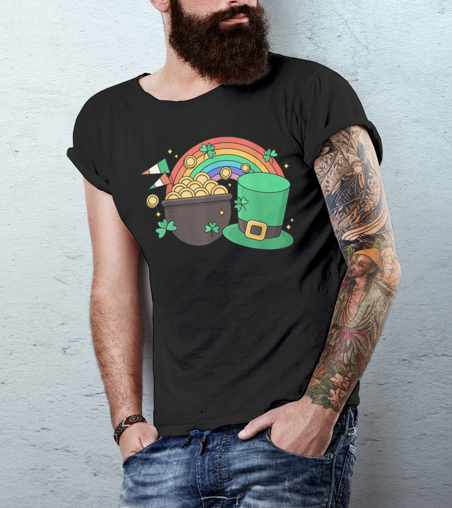 St Patricks Day Leprechaun Pot Of Gold With Rainbow And Green Hat T-Shirt