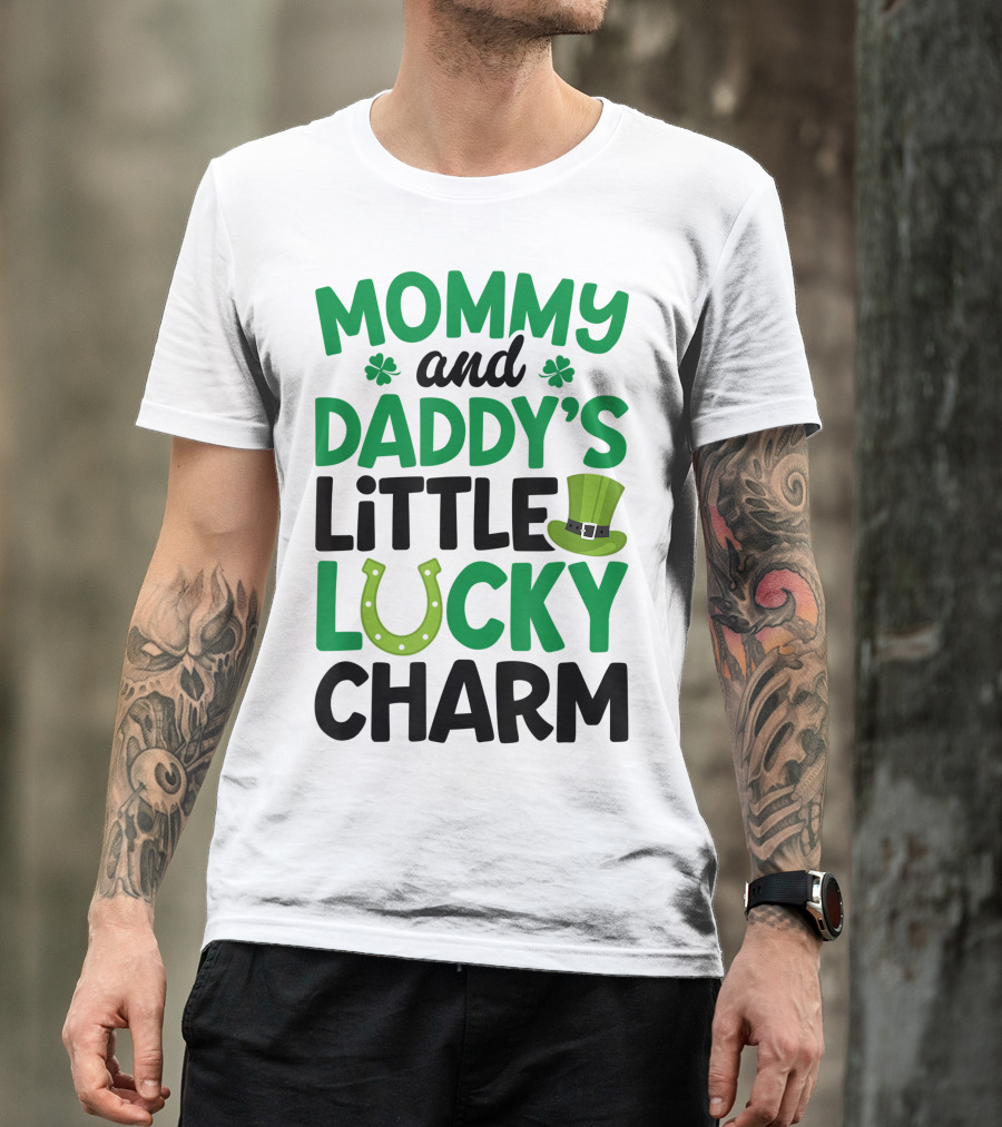 Mommy And Daddy's Little Lucky Charm Shamrock Horseshoe Hat T-Shirt