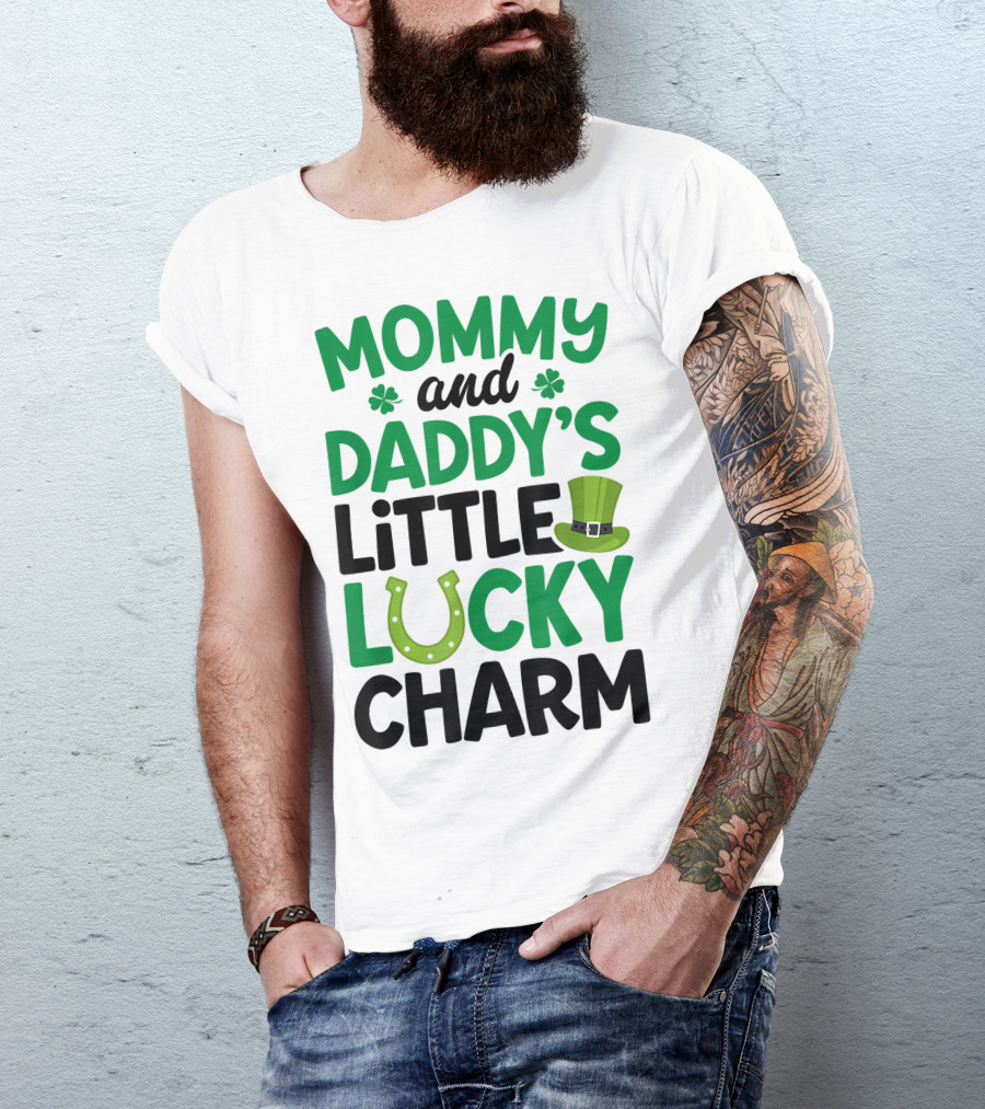 Mommy And Daddy's Little Lucky Charm Shamrock Horseshoe Hat T-Shirt