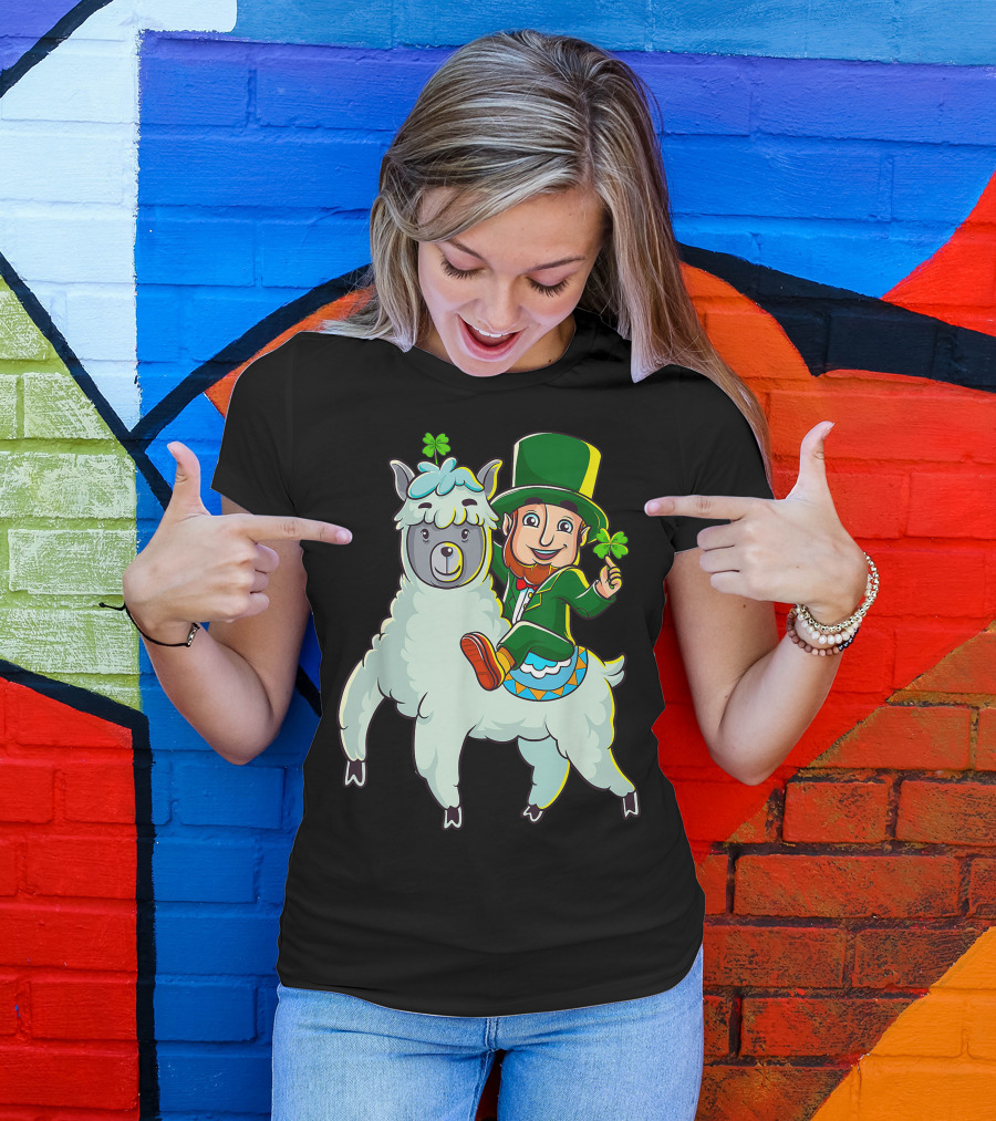 Leprechaun Holding Shamrock Riding Llama With Green Hat And Red Shoes T-Shirt
