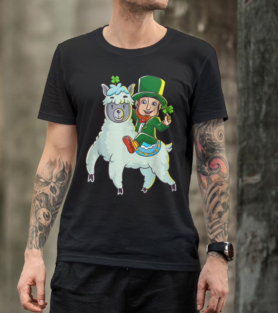 Leprechaun Holding Shamrock Riding Llama With Green Hat And Red Shoes T-Shirt