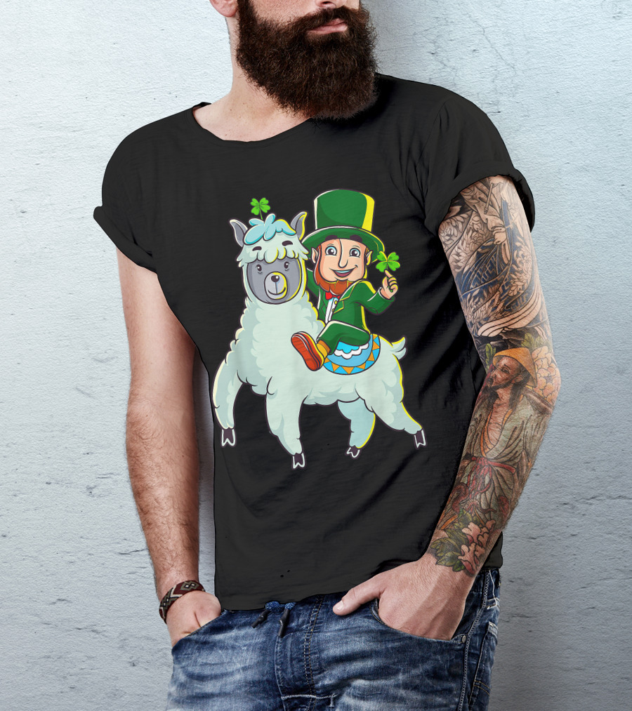 Leprechaun Holding Shamrock Riding Llama With Green Hat And Red Shoes T-Shirt