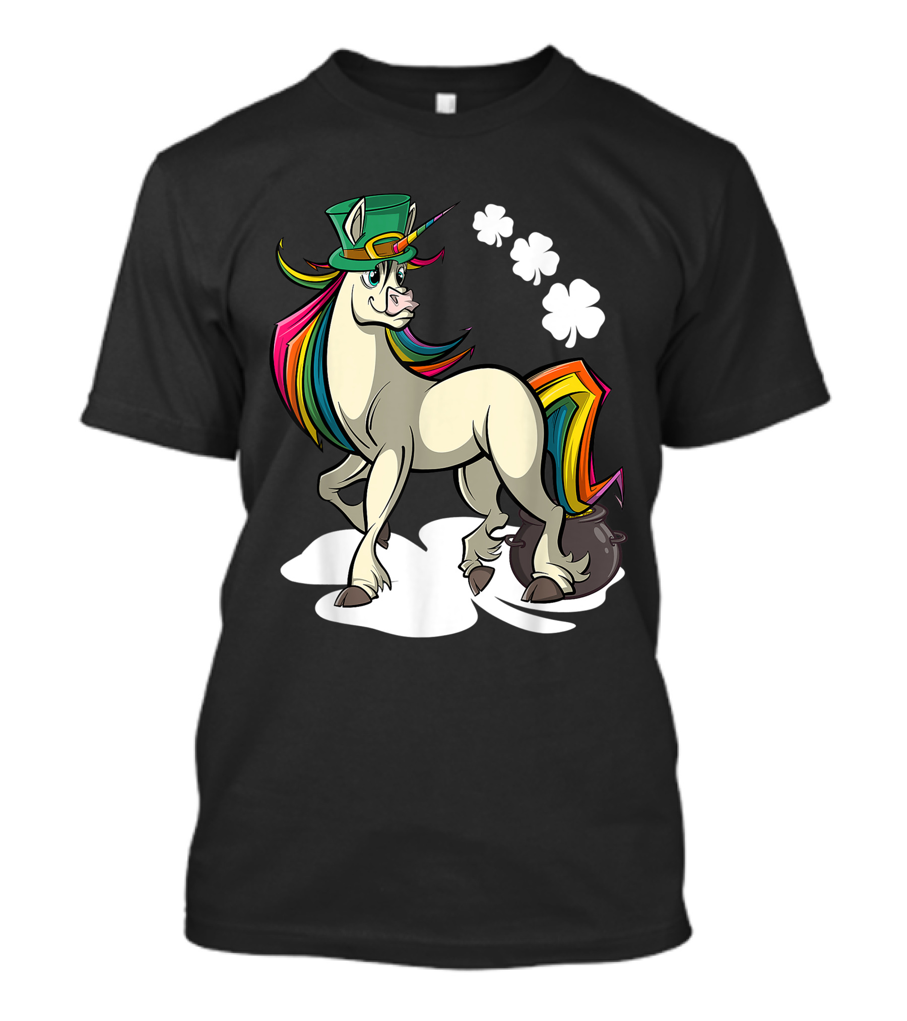 Leprechaun Unicorn With Green Hat And Rainbow Tail Standing By Pot Of Gold T-Shirt