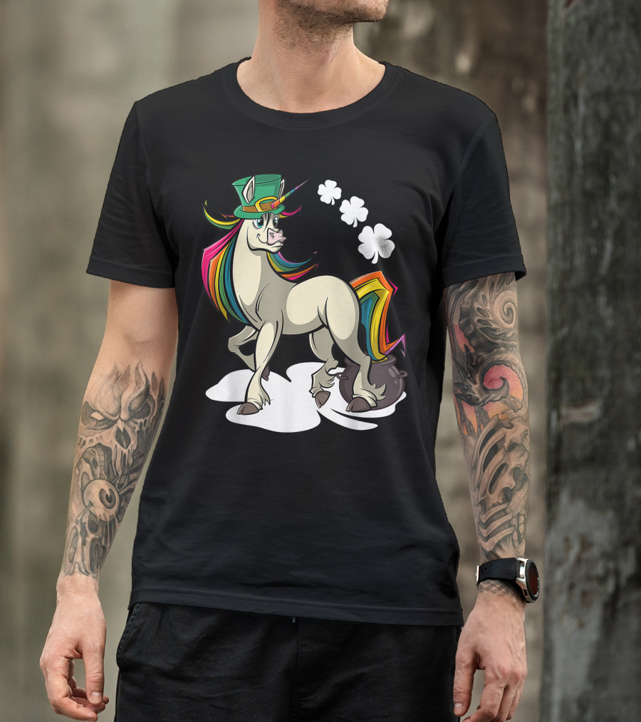 Leprechaun Unicorn With Green Hat And Rainbow Tail Standing By Pot Of Gold T-Shirt