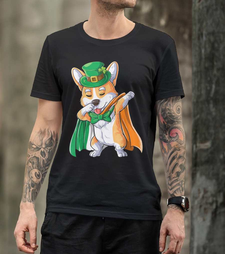 Dabbing Corgi St Patricks Day Leprechaun Dog Irish Flag Hat Bow Tie T-Shirt