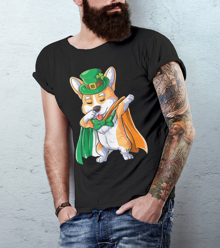 Dabbing Corgi St Patricks Day Leprechaun Dog Irish Flag Hat Bow Tie T-Shirt