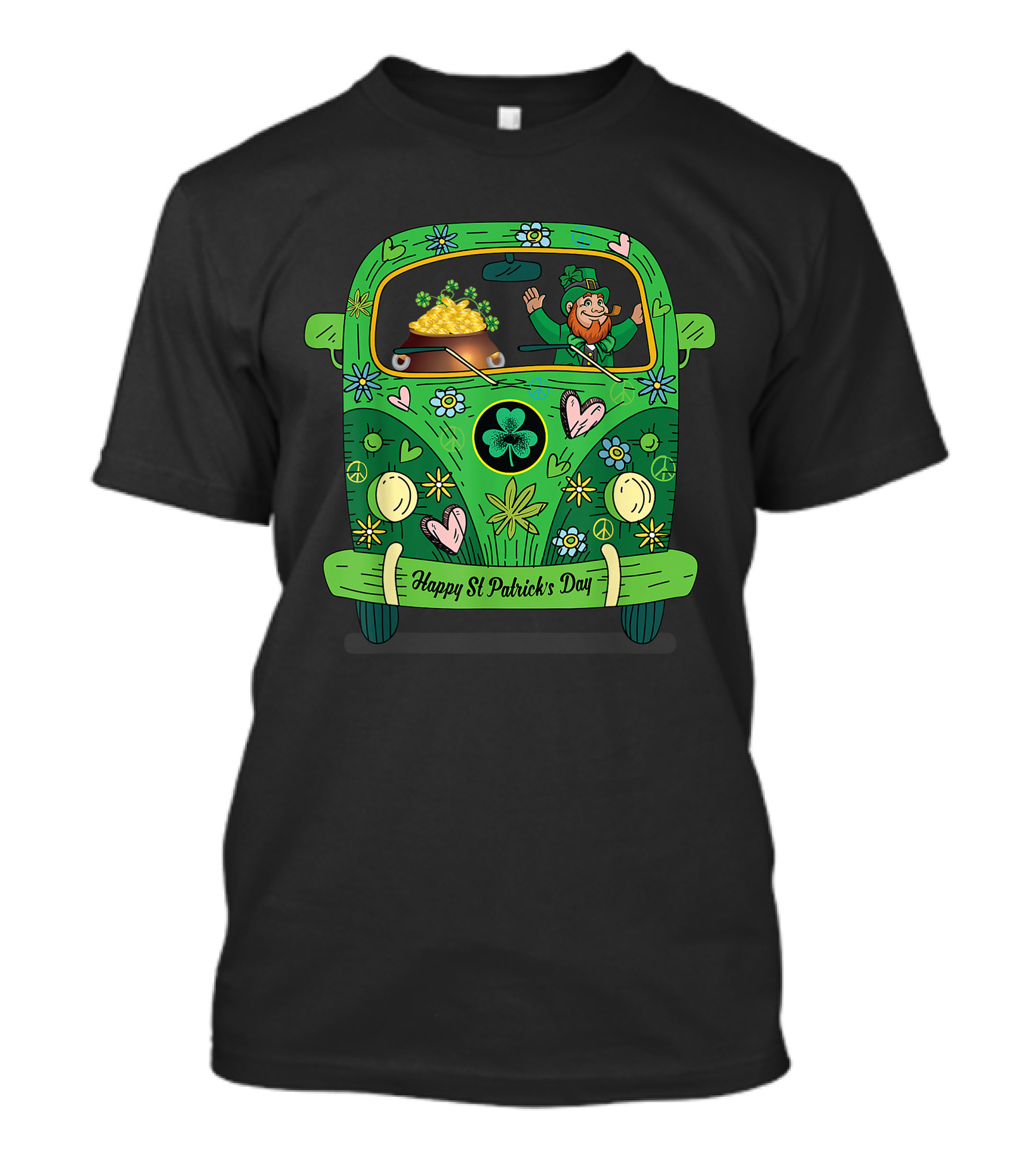 Happy St Patrick's Day Leprechaun Gold Pot Hippie Car T-Shirt