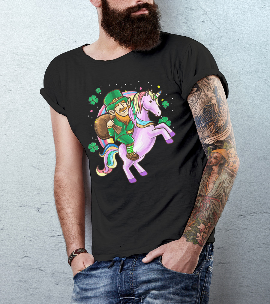 Leprechaun Riding A Unicorn St. Patrick's Day Fun With Shamrocks T-Shirt