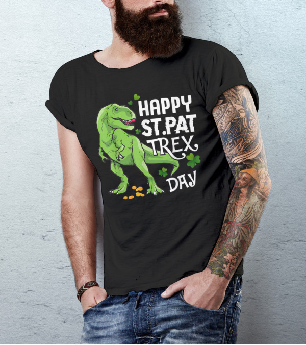 Happy St Pat T-Rex Day Dinosaur With Shamrocks And Coins T-Shirt