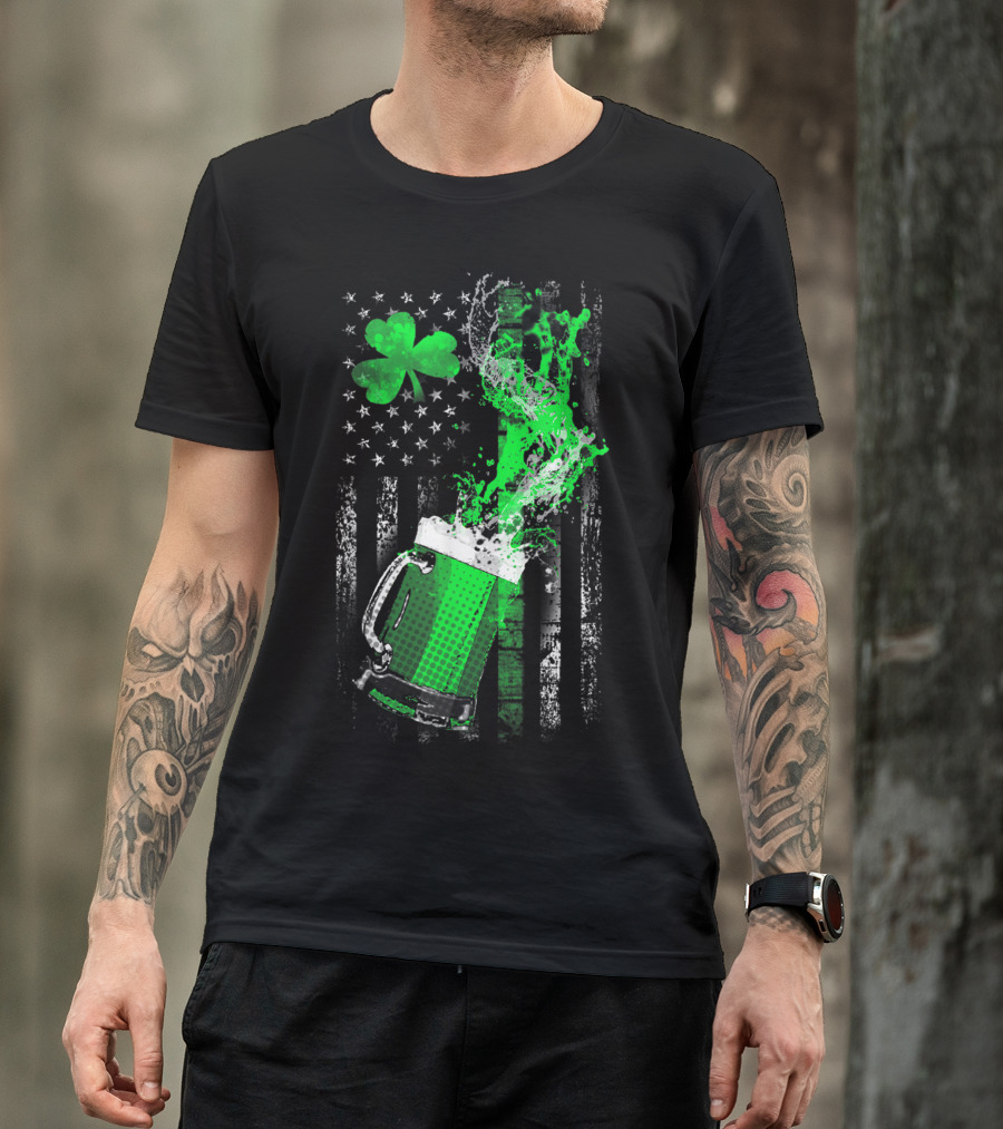 Green Beer Shamrock American Flag Splash T-Shirt