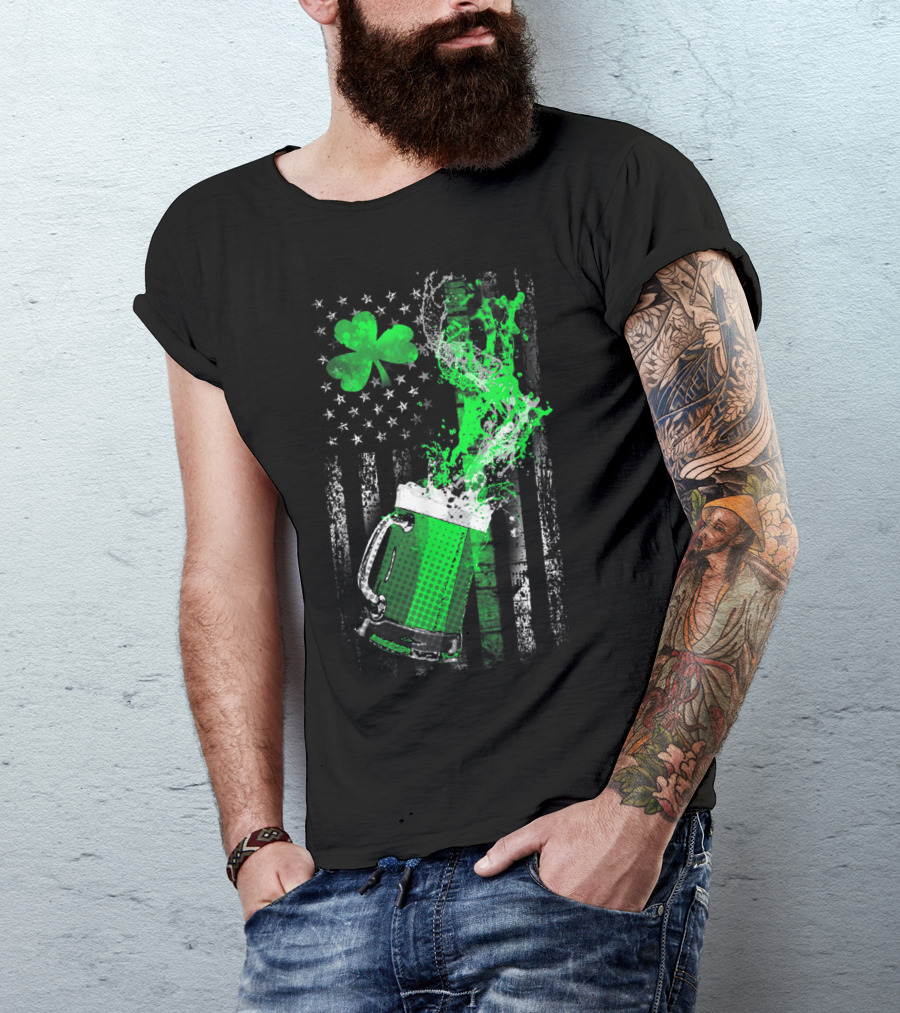 Green Beer Shamrock American Flag Splash T-Shirt