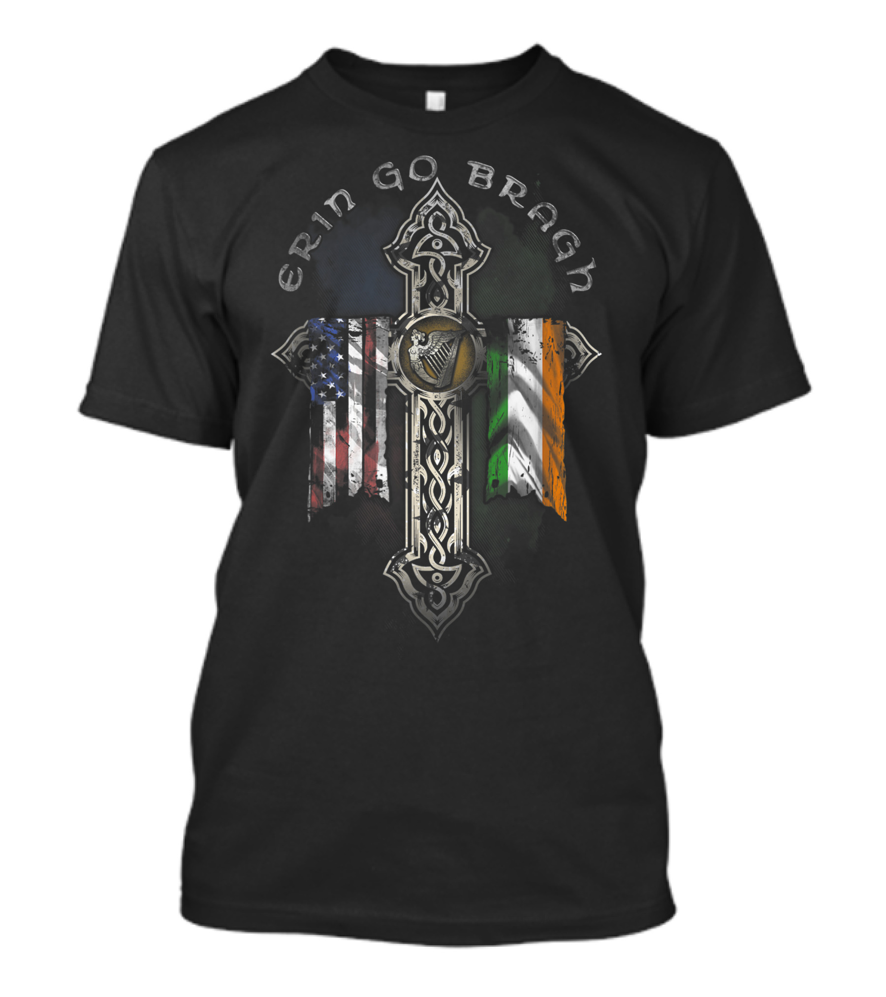 Erin Go Braugh Celtic Cross Irish And American Flag Harmony T-Shirt