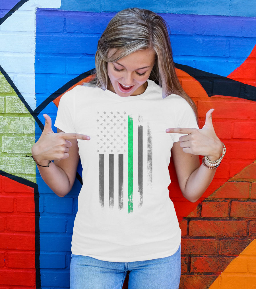 American Flag With Distressed Green Line T-Shirt