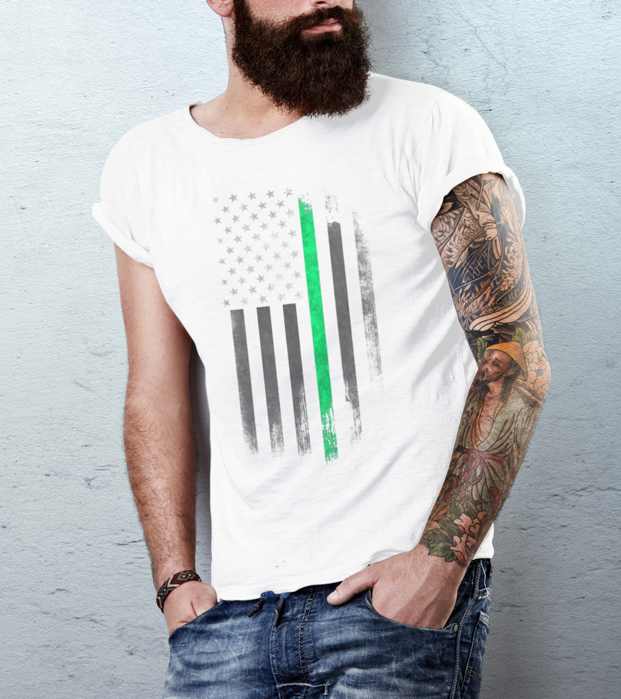American Flag With Distressed Green Line T-Shirt