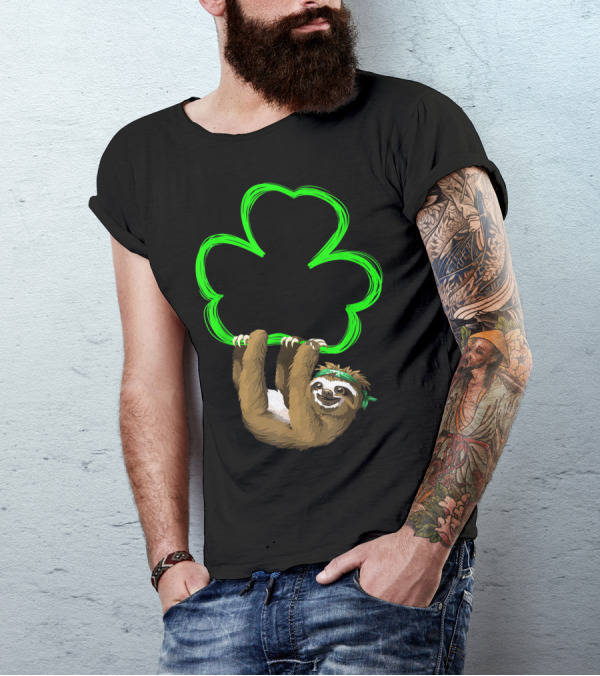 Saint Patricks Day Sloth With Green Shamrock Outline T-Shirt