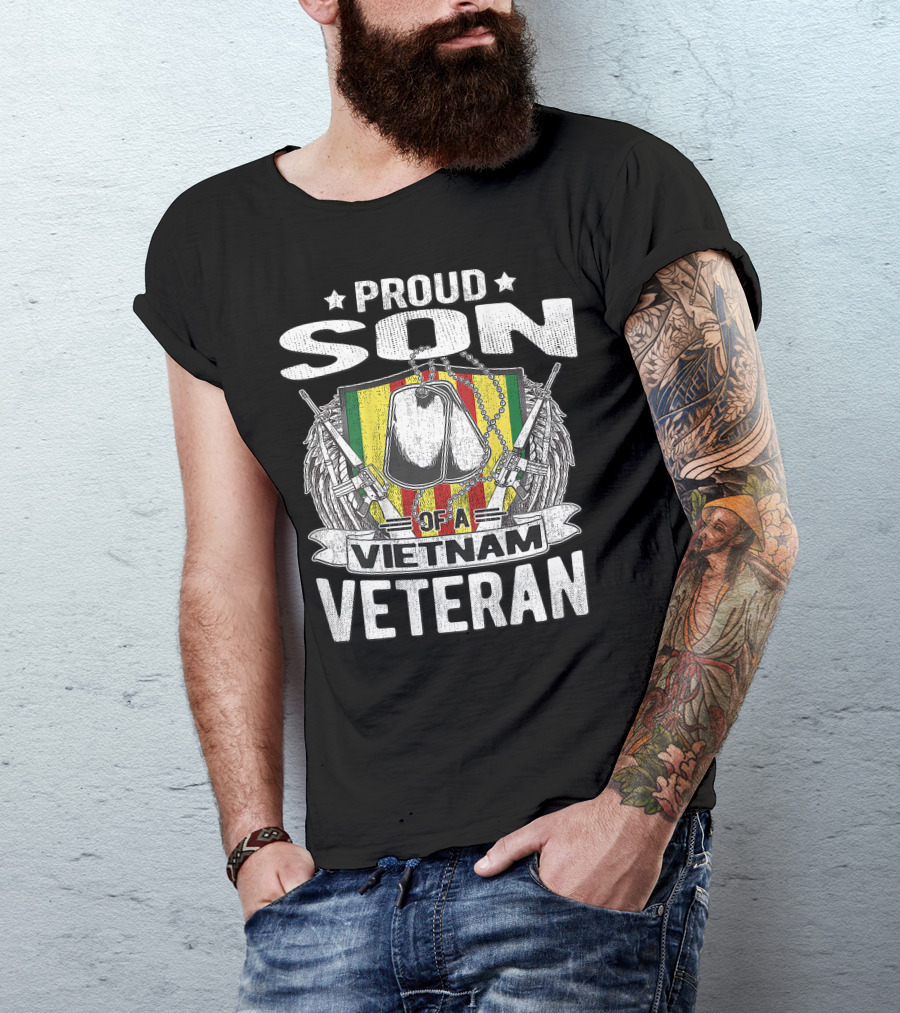 Proud Son Of A Vietnam Veteran Family With Military Dog Tags And Guns T-Shirt