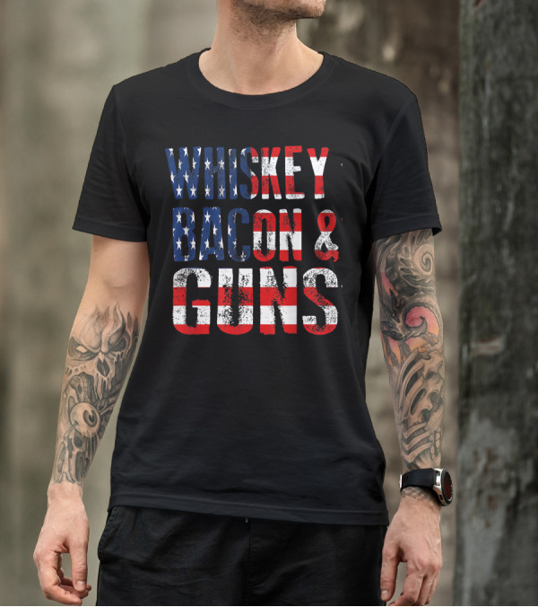 Whiskey Bacon Guns USA Flag Fourth Of July Veteran T-Shirt