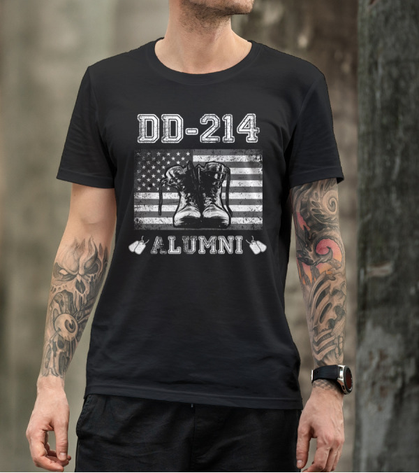 DD-214 Alumni Distressed American Flag Combat Boots Veteran T-Shirt