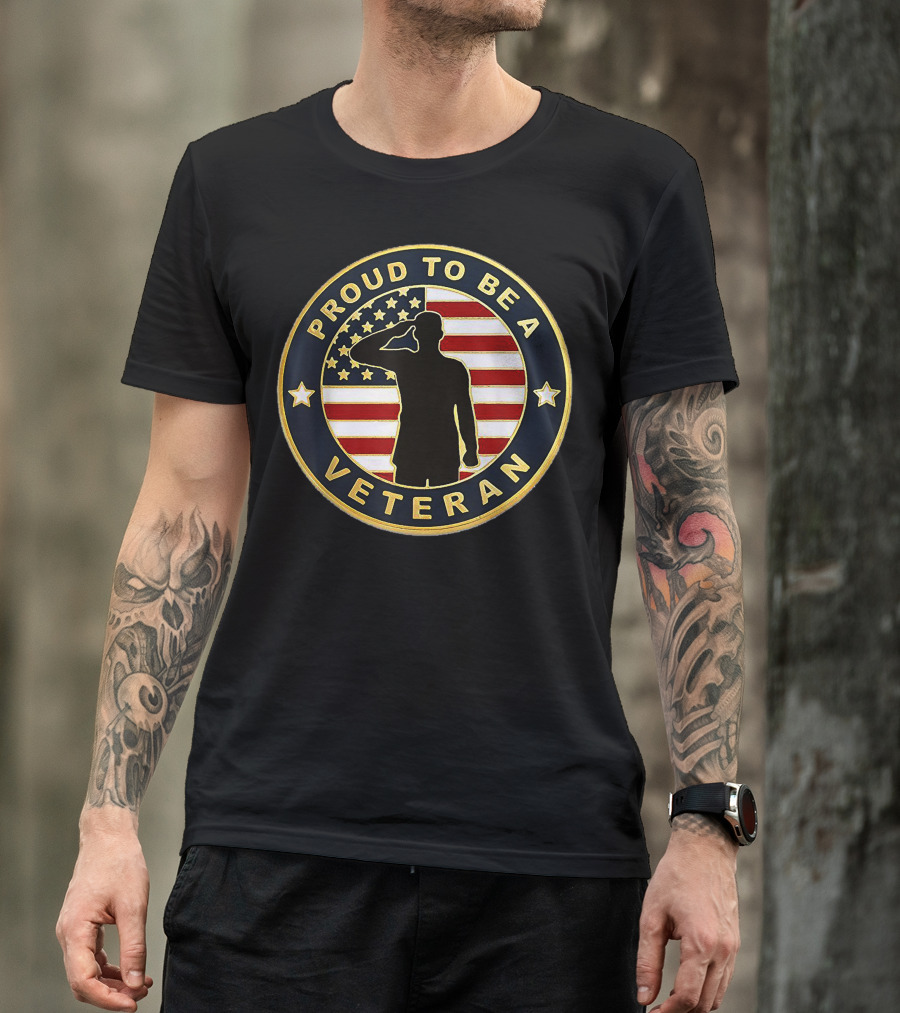 PROUD TO BE A VETERAN Saluting Silhouette With American Flag Background T-Shirt